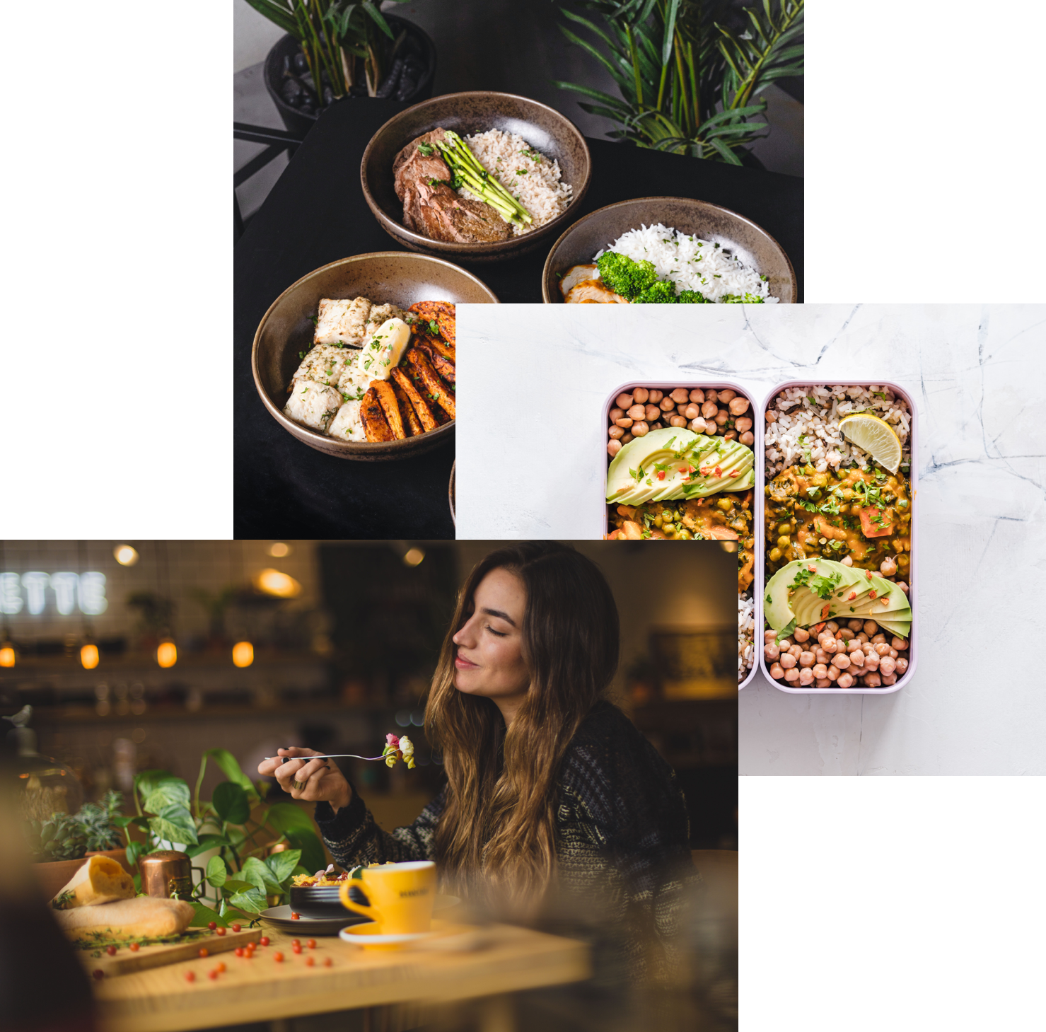  A woman enjoying food, meals in storage container and food bowls on a table 
